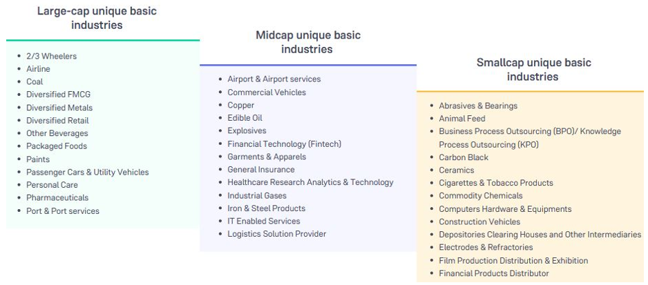 Each market cap segments has unique industries